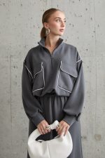 Füme Biyeli Sweatshirt Ve Etek Takım - Görsel 2