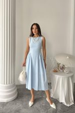 Mavi Yanları Büzgülü Midi Boy Keten Elbise - Görsel 2