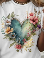 Kadın Kısa Kollu Bisiklet Yaka Kalp Desenli Süprem Bluz - Görsel 2