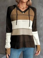 Kadın Uzun Kollu V Yakalı Bağcıklı Kapşonlu Triko Bluz - Görsel 2