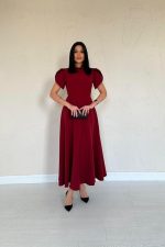 Bordo Arkası Fiyonk Garnili Britli Elbise - Görsel 3