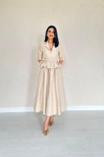 Bej İnce Kemerli Fırfırlı Ceket Ve Büzgülü Etek Takım - Görsel 2