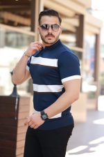 Erkek şerit Desenli Hemşire Yaka Kısa Kollu Tişört - Görsel 2