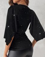 Kadın Truvakar Kollu Kruvaze Yakalı Simli Sandy Bluz - Görsel 3