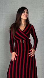 Kadın Uzun Kollu Kruvaze Yaka Kemer Dahil çizgili Triko Elbise - Görsel 2