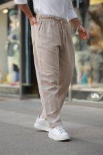 Erkek Beli Lastikli Keten Rahat Pantolon - Görsel 2