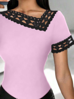 Kadın Kısa Kollu Dantel Yaka Viskon Bluz - Görsel 2