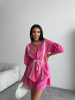 KETEN BEL BÜZGÜLÜ BLUZ-PANTOLON TAKIM - Fuşya - Görsel 3