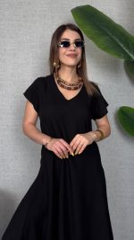 Kadın Kısa Kollu V Yaka Salaş Maxi Boy Elbise - Görsel 2