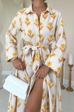 Bej Desenli Ve Önü Düğmeli Keten Elbise - Görsel 3