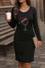 Kadın Uzun Kollu Taş Kadeh Baskı Dalgıç Mini Boy Elbise - Görsel 3