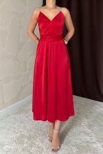 Kırmızı Taş Askılı Prenses Elbise - Görsel 3