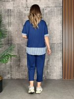 Kadın Modal Kumaş çizgili Gömlek Yaka Ikili Takım - Görsel 3