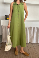 KETEN ÖNDEN DÜĞMELİ KOLSUZ GÖMLEK YAKA ELBİSE - Yağ Yeşili - Görsel 3