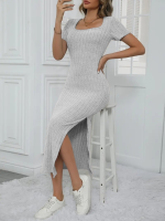 Kadın Kısa Kollu Kare Yaka Yandan Yırtmaçlı Fitilli Kaşkorse Elbise - Görsel 2