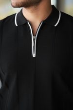 Erkek Dikey Kabartmalı Örgü Dokulu Fermuar Yakalı Tişört - Görsel 3