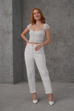 Puantiyeli Belden Oturtmalı Tül Beyaz Bluz - Görsel 3