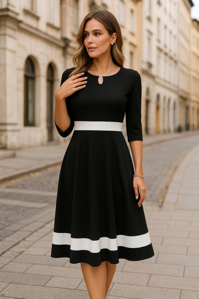 b22015af08a26fe309749e696c4d5d4e Kadın Truvakar Kol Yakası Açık Blok Renkli Krep Midi Elbise - Görsel 1