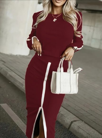 Kadın Uzun Kollu Bisiklet Yaka Kaşkorse Bluz Ve Yırtmaçlı Etek Ikili Takım