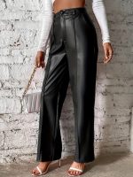 Kadın önden Fermuarlı Cepli Geniş Kesim Lame Deri Pantolon - Görsel 2