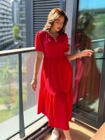 Kadın Kısa Kollu Yakası Açık Katlı Bürümcük Balon Elbise - Görsel 3