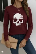 Kadın Uzun Kollu Bisiklet Yaka Kurukafa Desenli Viskon Bluz - Görsel 3