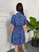 Baskılı Keten Elbise - Lacivert-Beyaz - Görsel 3