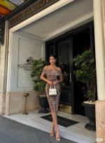 Kadın Madonna Yaka Dalga Desen Midi Boy şifon Elbise - Görsel 2