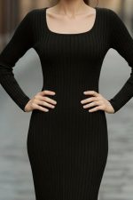 Kadın Uzun Kollu Kare Yakalı Midi şardonlu Kaşkorse Elbise - Görsel 2