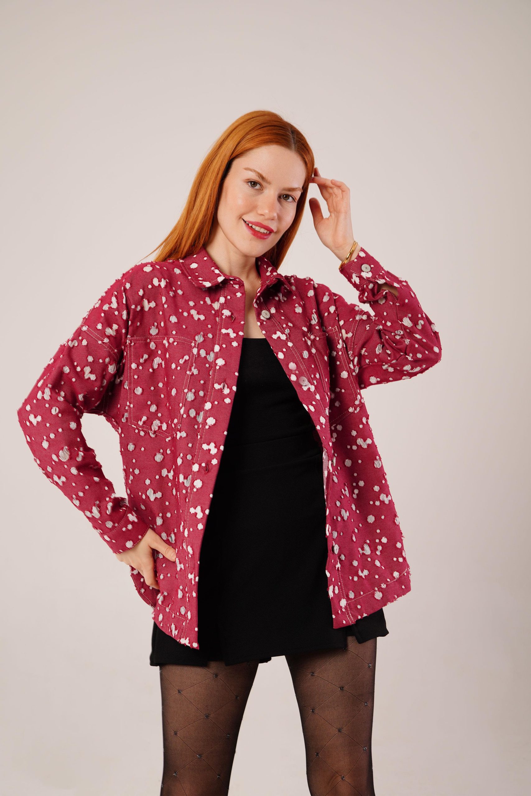 b45af5c510d0784c817c Eskitme Görünümlü Denim Bordo Gömlek - Görsel 1