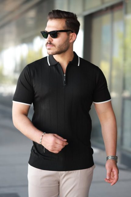 Erkek Fermuar Yakalı çizgi Dokulu Kısa Kollu Tişört