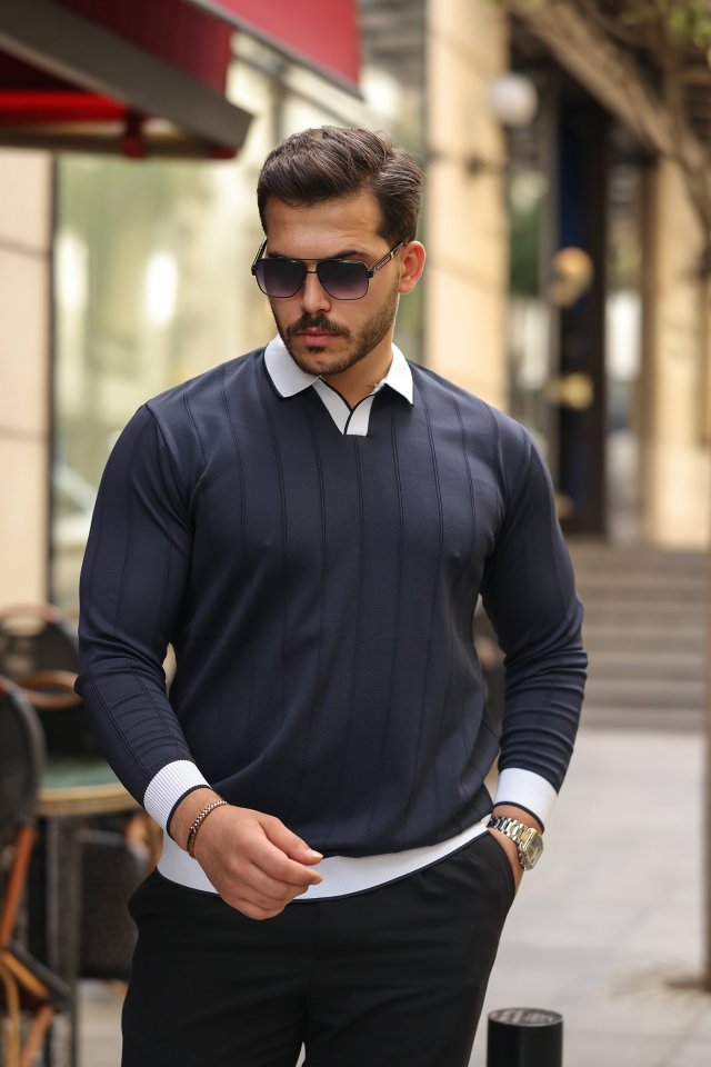 b4a91d4e960f914c22249ac94bf79282 Erkek Renkli Yaka Manşet Uzun Kollu Triko - Görsel 1