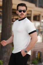 Erkek Bisiklet Yaka örme Pamuklu Kumaş Kısa Kollu T-shirt - Görsel 2