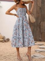 Kadın Ip Askılı Geniş V Yakalı Desenli Uzun Süprem Elbise - Görsel 2