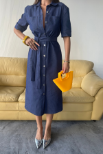 TENCEL ÖNDEN DÜĞMELİ KISA KOL ELBİSE - Mavi - Görsel 3