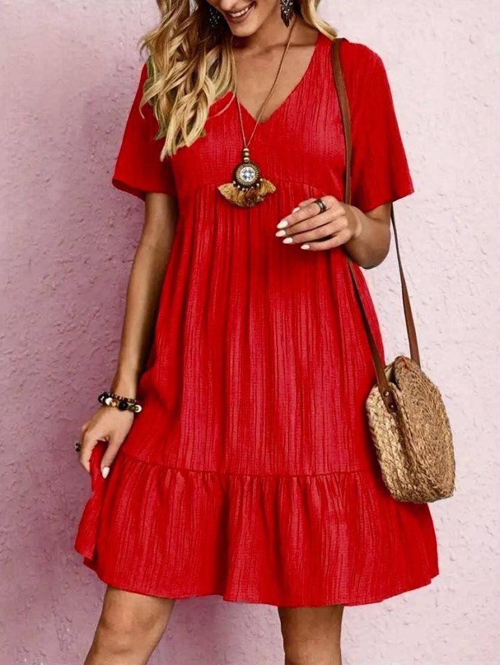 b64117cedd79696c10e8eddb424da727 Kadın V Yaka, Fırfırlı Bürümcük Kumaş Elbise - Görsel 1