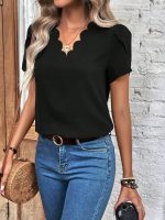 Kadın Kısa Kollu Lazer V Yakalı Ithal Krep Bluz - Görsel 2