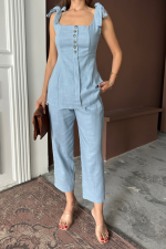 ŞANTUK KETEN YELEK GÖRÜNÜMLÜASKILI BLUZ - PANTOLON TK - Mavi - Görsel 3