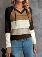 Kadın Uzun Kollu V Yakalı Bağcıklı Kapşonlu Triko Bluz - Görsel 3