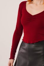 Geniş Yaka Bordo Basic Body Bluz - Görsel 3