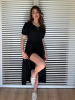 Kadın Kısa Kollu Yakası Açık Katlı Bürümcük Balon Elbise - Görsel 2