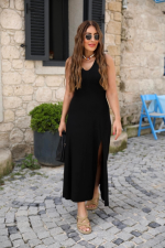 Kadın Askılı V Yakalı Yırtmaçlı Viskon Elbise - Görsel 2