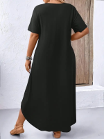 Kadın Kısa Kollu Bisiklet Yaka Cepli Salaş Viskon Elbise - Görsel 3