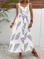 Kadın Askılı önden Düğmeli Yaprak Desenli Uzun Süprem Elbise - Görsel 2