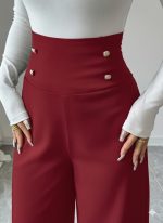Kadın Yüksek Bel Düğmeli Geniş Paçalı Ithal Krep Pantolon - Görsel 2
