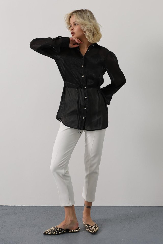 b8da841e3c9f6389a851 Belden Bağlamalı Uzun Kol Gömlek - Siyah - Görsel 1