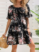 Kadın Kısa Kollu Kare Yakalı Beli Lastikli Kısa Süprem Elbise - Görsel 3