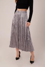 Midi Boy Pileli Saten Gri Etek - Görsel 2