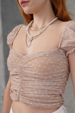 Puantiyeli Belden Oturtmalı Tül Krem Bluz - Görsel 2