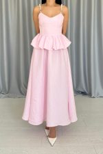 Pembe Beli Büzgülü İnci Askılı Uzun Elbise - Görsel 3